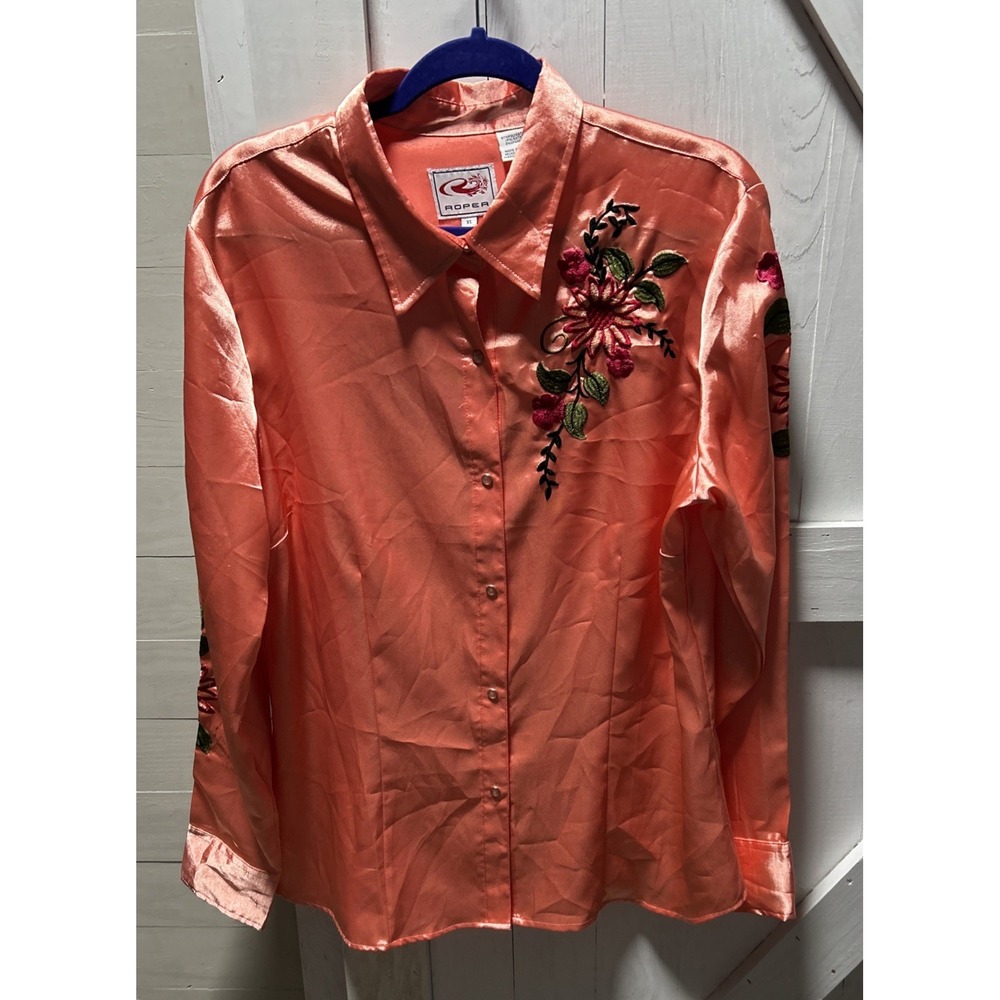 Roper Women's Size XL Western Rodeo Shirt Peach Embroidered Pearl Snaps